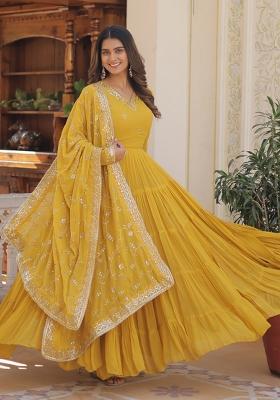 Yellow Embroidery Georgette Gown With Dupatta