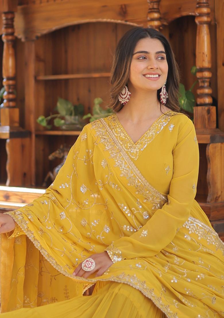 Yellow Embroidery Georgette Gown With Dupatta - Indya