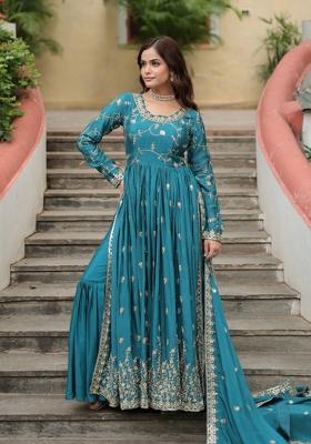 Blue Embroidery Chinon Kurta Set