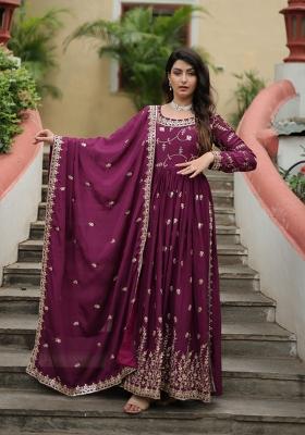 Wine Embroidery Chinon Kurta Set