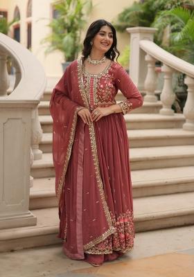 Coffee Embroidery Georgette Kurta Set