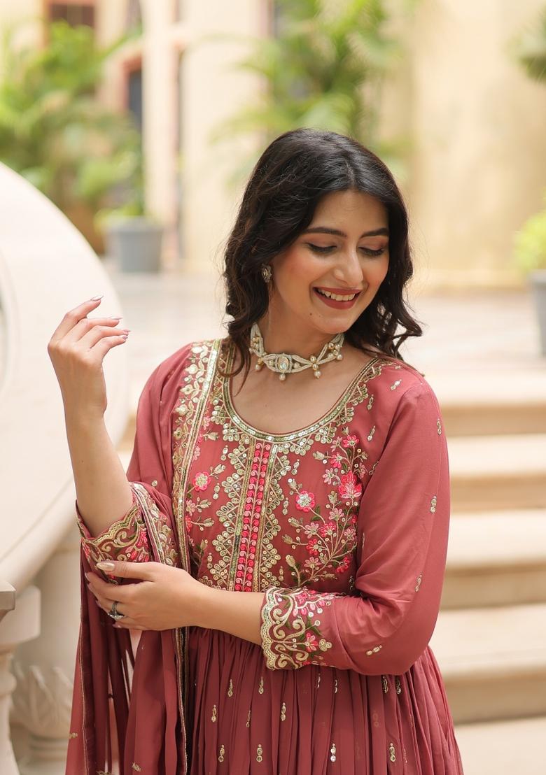 Coffee Embroidery Georgette Kurta Set - Indya