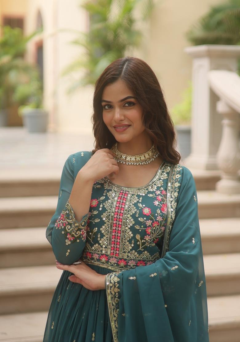 Rama Embroidery Georgette Kurta Set - Indya