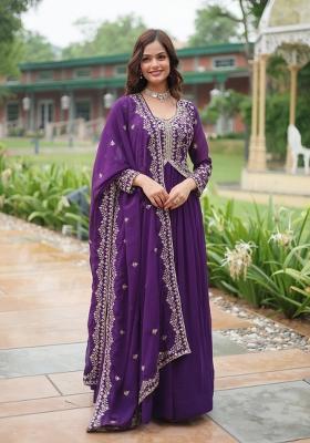 Purple Embroidery Faux Blooming Gown With Dupatta