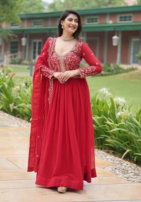 Red Embroidery Faux Blooming Gown With Dupatta