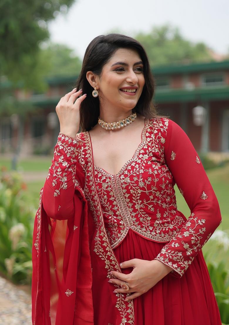 Red Embroidery Faux Blooming Gown With Dupatta - Indya