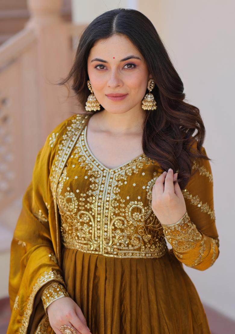 Mehendi Embroidery Fendi Gown With Dupatta - Indya