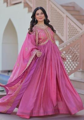 Pink Embroidery Gold Crush Gown With Dupatta
