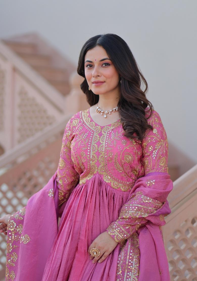 Pink Embroidery Gold Crush Gown With Dupatta - Indya