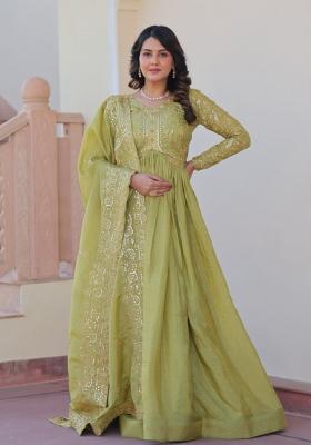 Pista Embroidery Gold Crush Gown With Dupatta