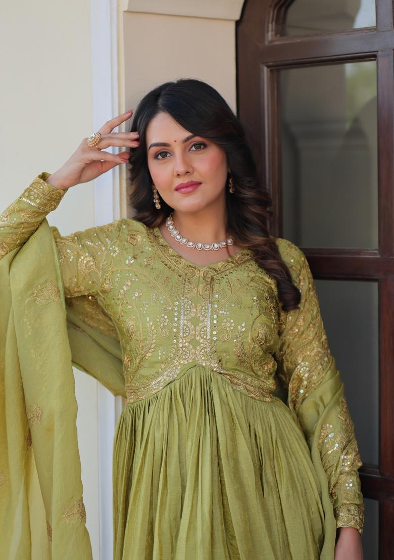 Pista Embroidery Gold Crush Gown With Dupatta - Indya