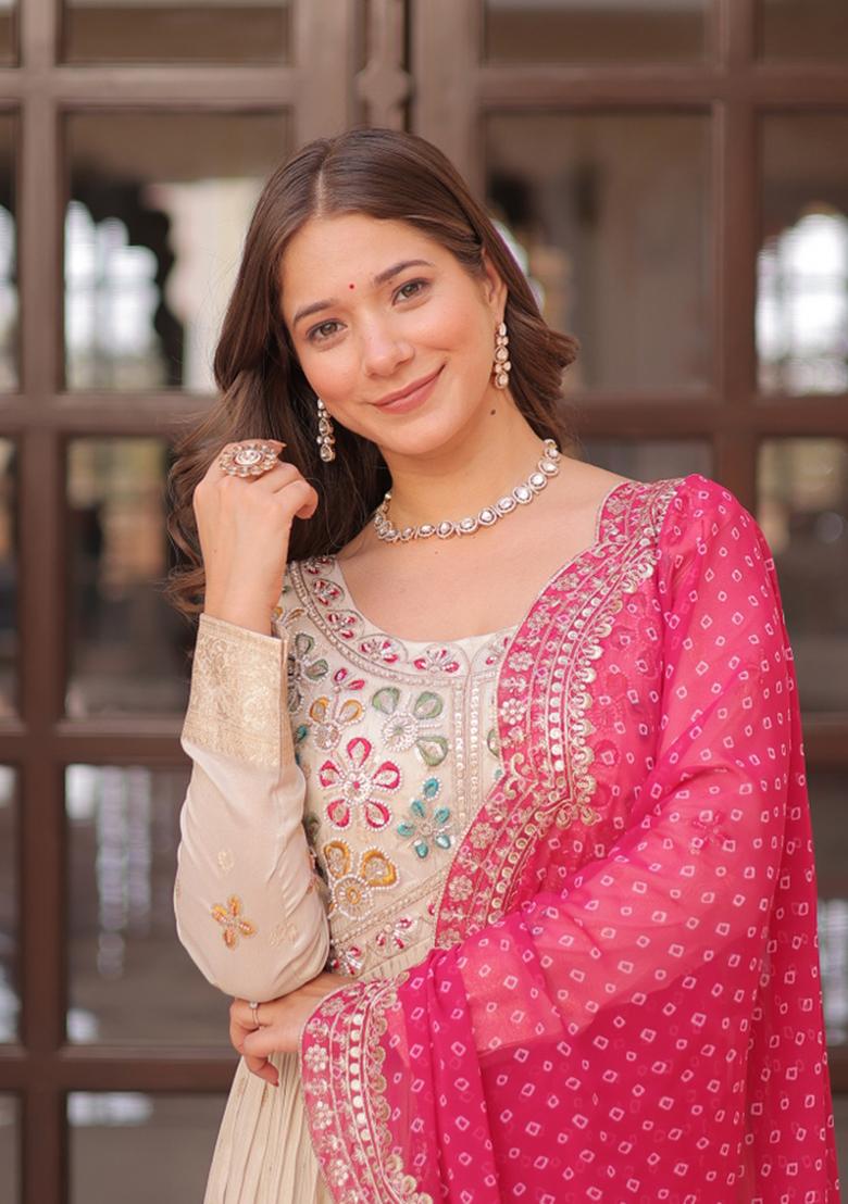 Pink Embroidery Cosmos Gown With Dupatta - Indya