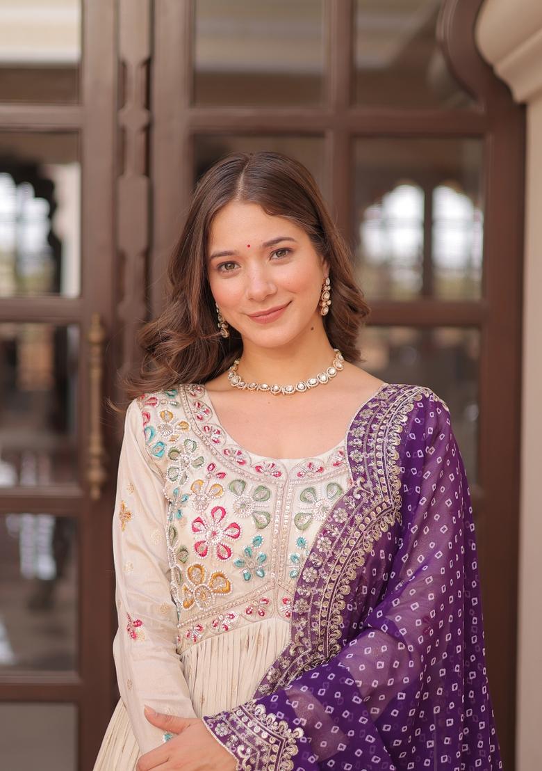 Purple Embroidery Cosmos Gown With Dupatta - Indya