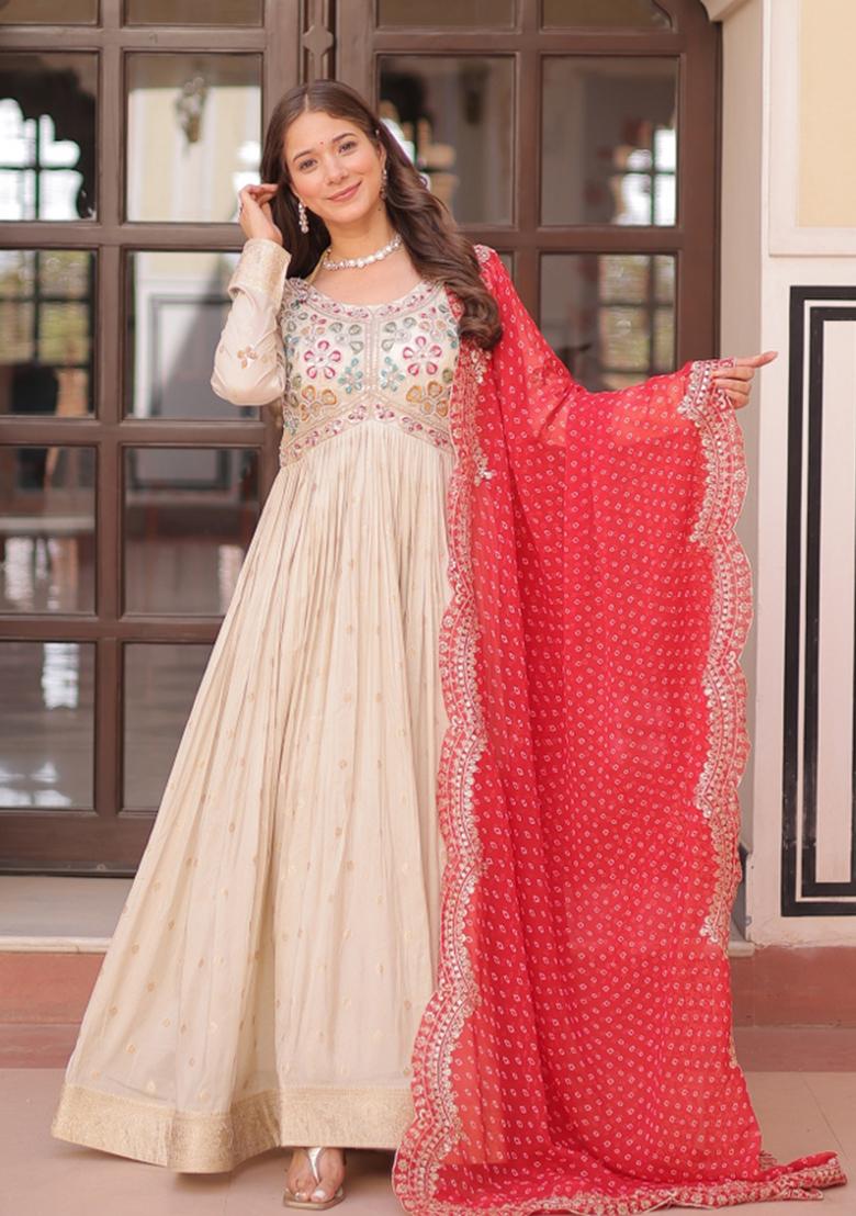 Red Embroidery Cosmos Gown With Dupatta - Indya