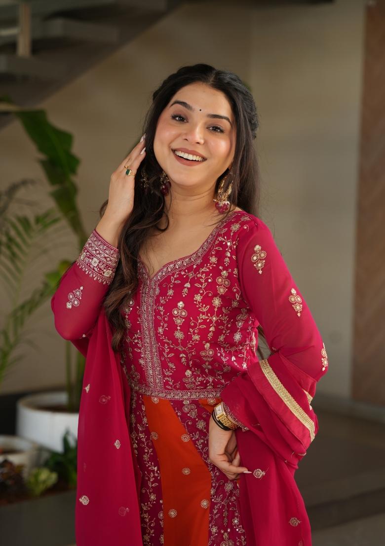 Pink Embroidery Faux Blooming Gown With Dupatta - Indya
