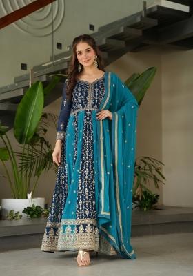 Rama Embroidery Faux Blooming Gown With Dupatta