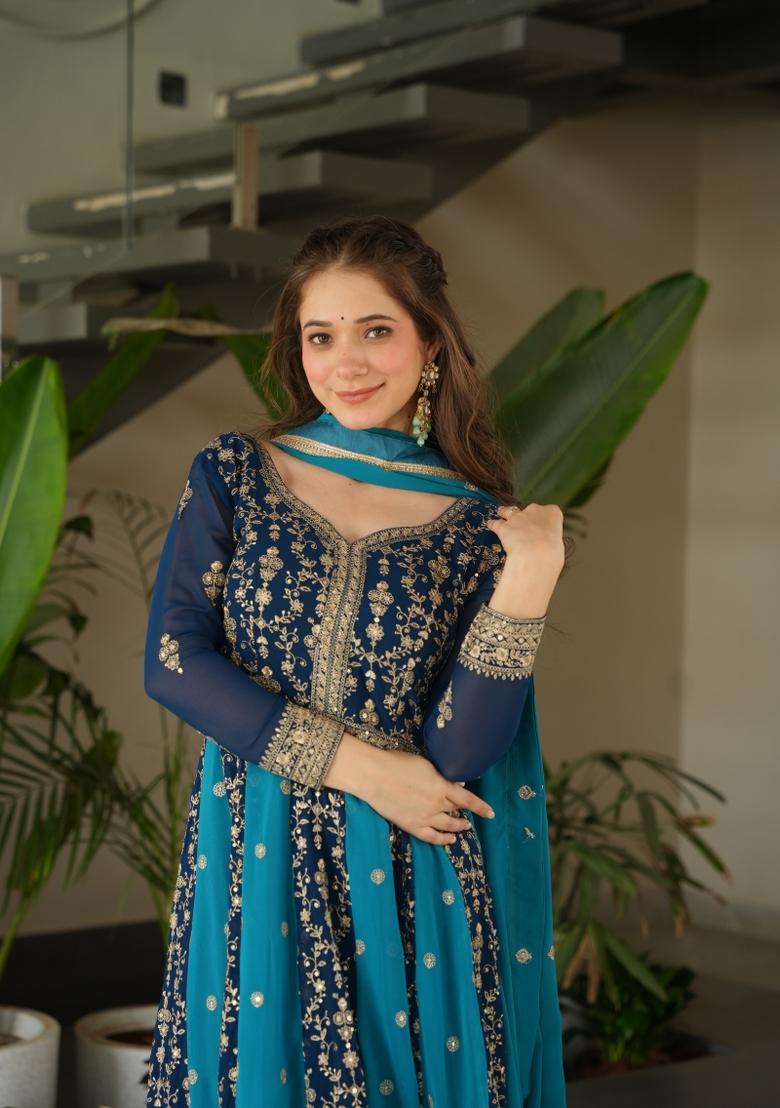 Rama Embroidery Faux Blooming Gown With Dupatta - Indya