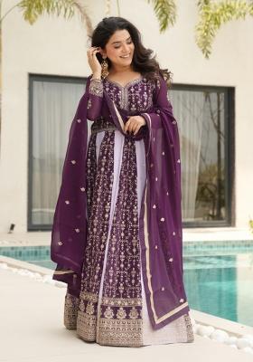 Wine Embroidery Faux Blooming Gown With Dupatta