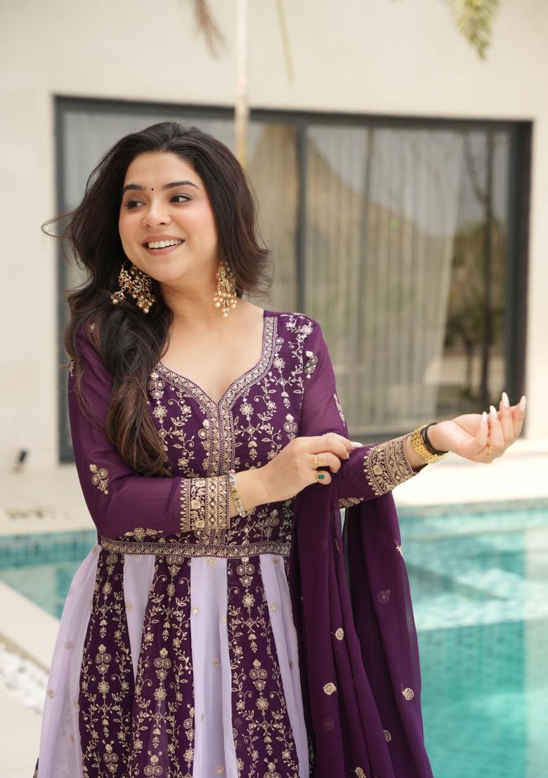 Wine Embroidery Faux Blooming Gown With Dupatta - Indya