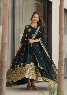 Rama Embroidery Faux Blooming Gown With Dupatta