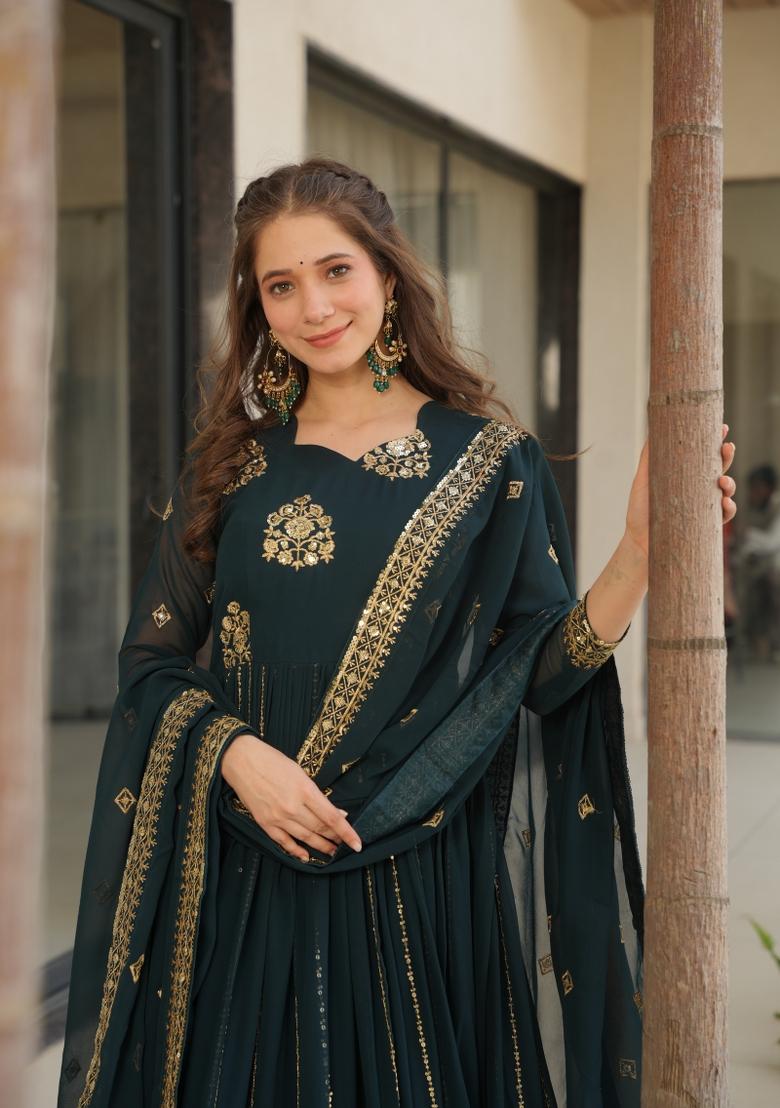 Rama Embroidery Faux Blooming Gown With Dupatta - Indya