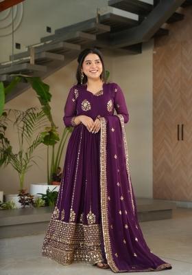 Wine Embroidery Faux Blooming Gown With Dupatta