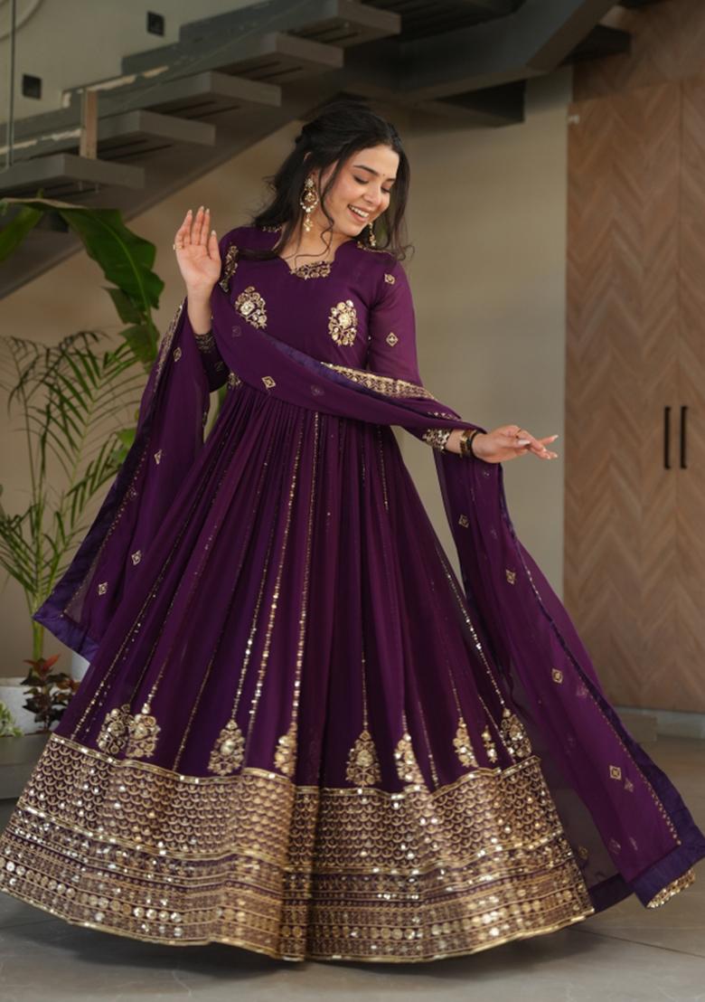 Wine Embroidery Faux Blooming Gown With Dupatta - Indya