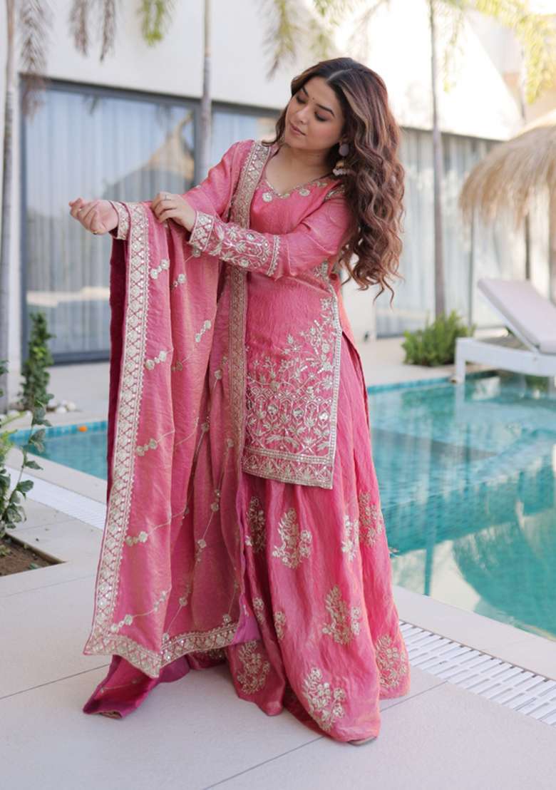 Pink Embroidery Fendi Kurta Set - Indya
