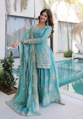 Sky Blue Embroidery Fendi Kurta Set