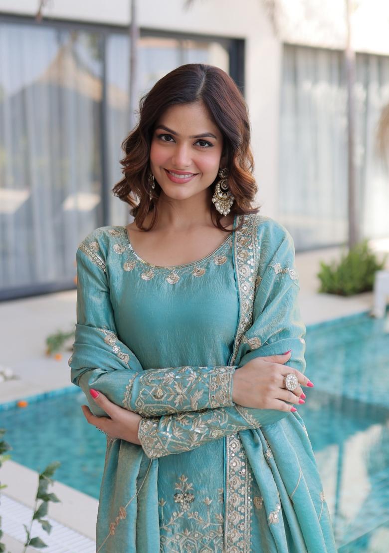Sky Blue Embroidery Fendi Kurta Set - Indya