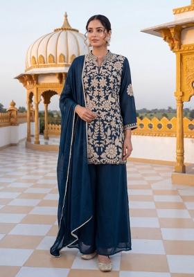 Peacock Blue Embroidery Silk Kurta Set