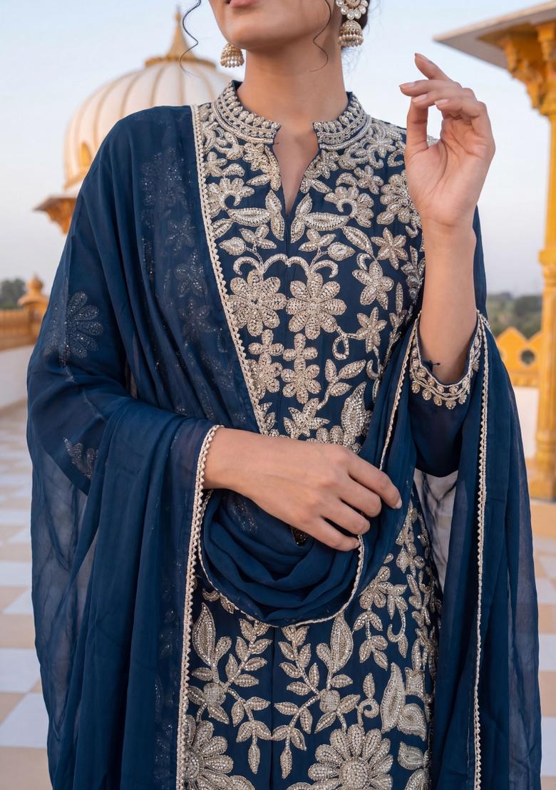 Peacock Blue Embroidery Silk Kurta Set - Indya