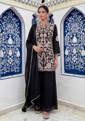 Black Embroidery Silk Kurta Set