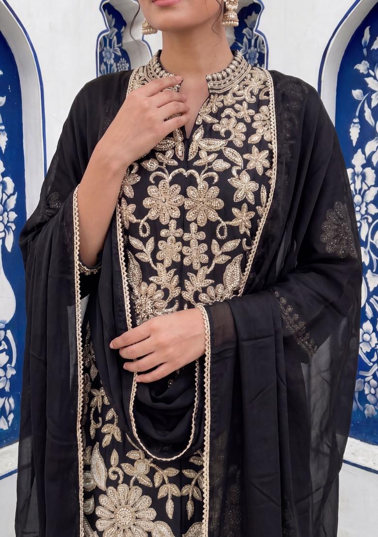 Black Embroidery Silk Kurta Set - Indya