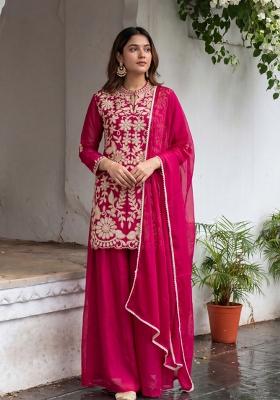 Rani Pink Embroidery Silk Kurta Set