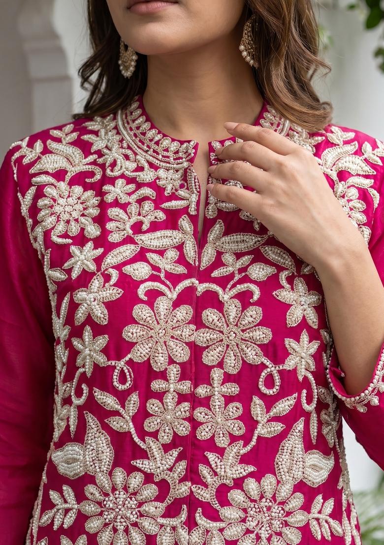Rani Pink Embroidery Silk Kurta Set - Indya