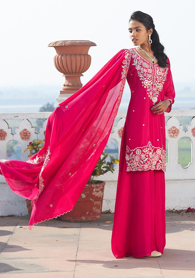 Rani Pink Embroidery Chinon Kurta Set - Indya
