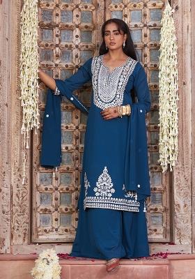 Teal Embroidery Chinon Kurta Set