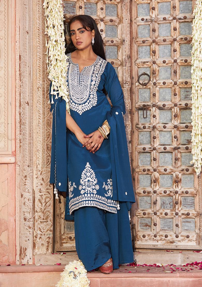 Teal Embroidery Chinon Kurta Set - Indya