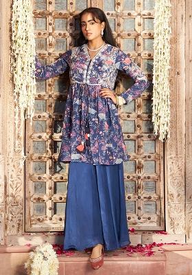Blue Embroidery Chinon Kurta Set