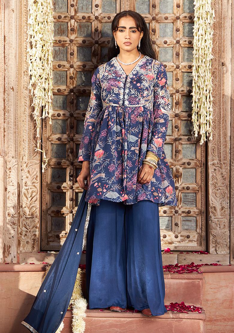 Blue Embroidery Chinon Kurta Set - Indya