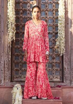 Pink Embroidery Chinon Kurta Set