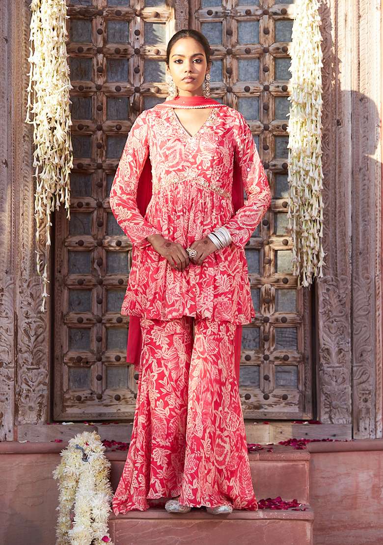 Pink Embroidery Chinon Kurta Set - Indya