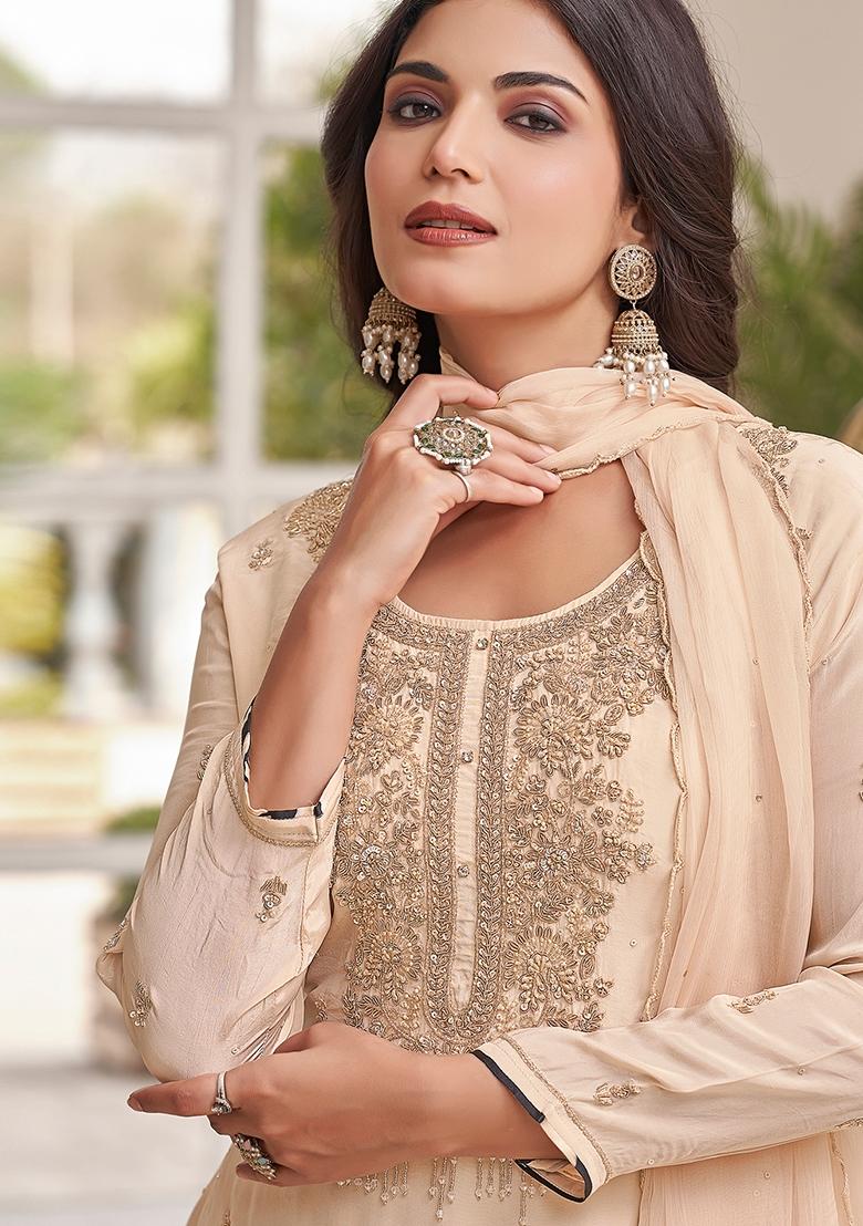 Cream Embroidery Ho Fabric Kurta Set - Indya