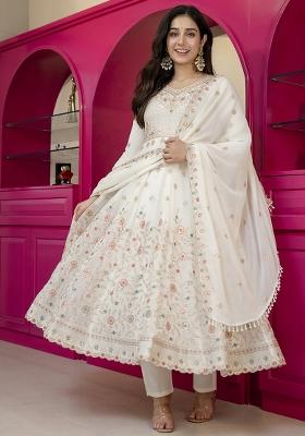 Off White Embroidery Faux Blooming Anarkali Set