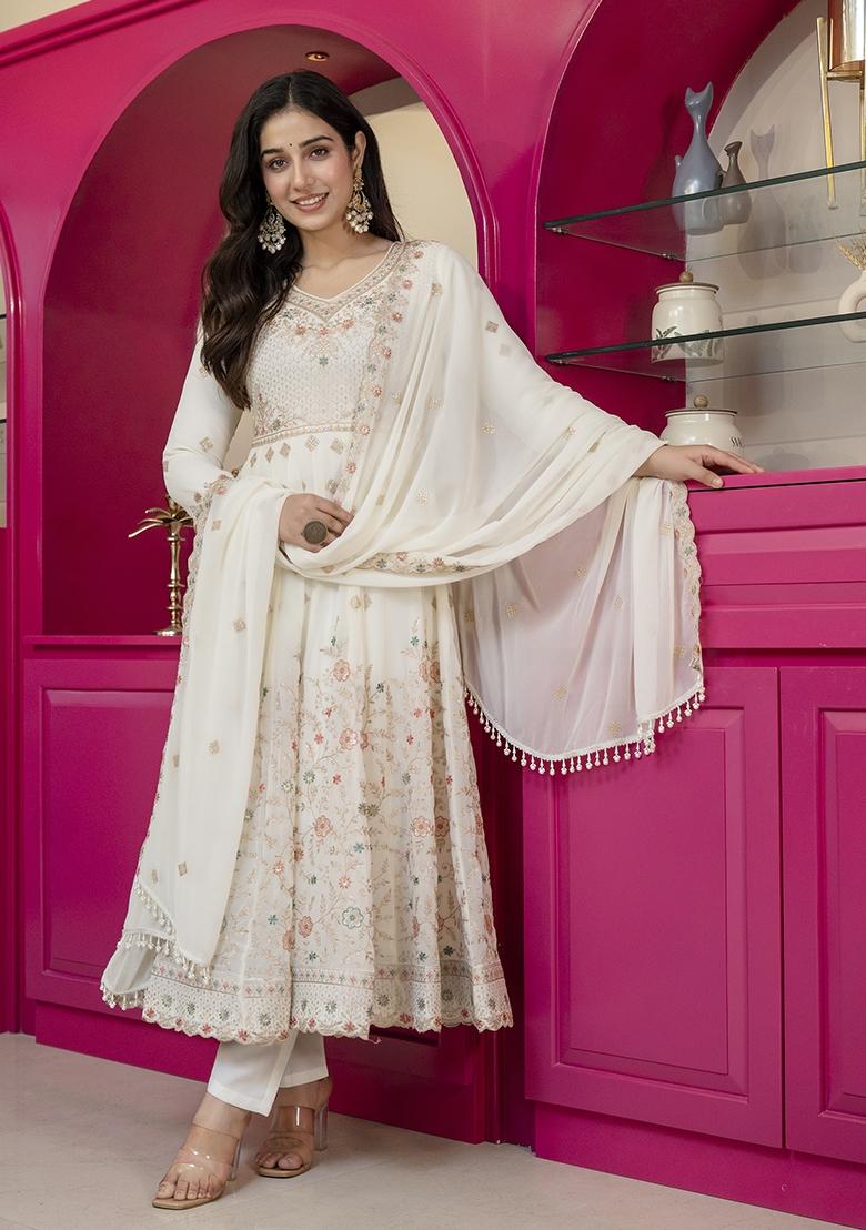 Off White Embroidery Faux Blooming Anarkali Set - Indya