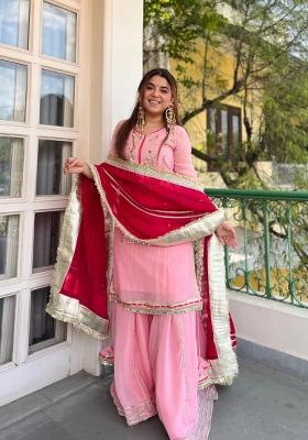Baby Pink Embroidery Silk Sharara Set