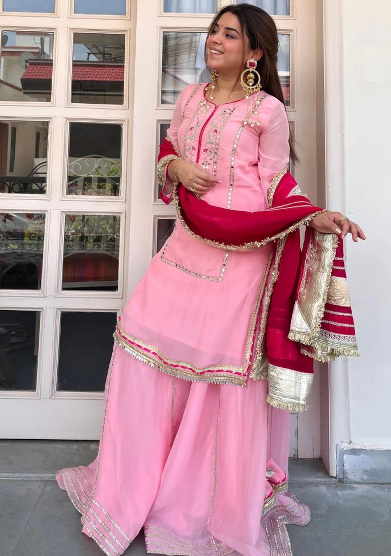 Baby Pink Embroidery Silk Sharara Set - Indya