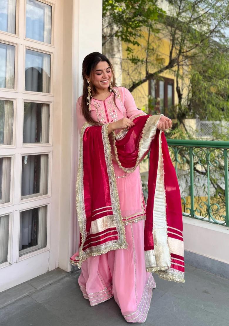 Baby Pink Embroidery Silk Sharara Set - Indya