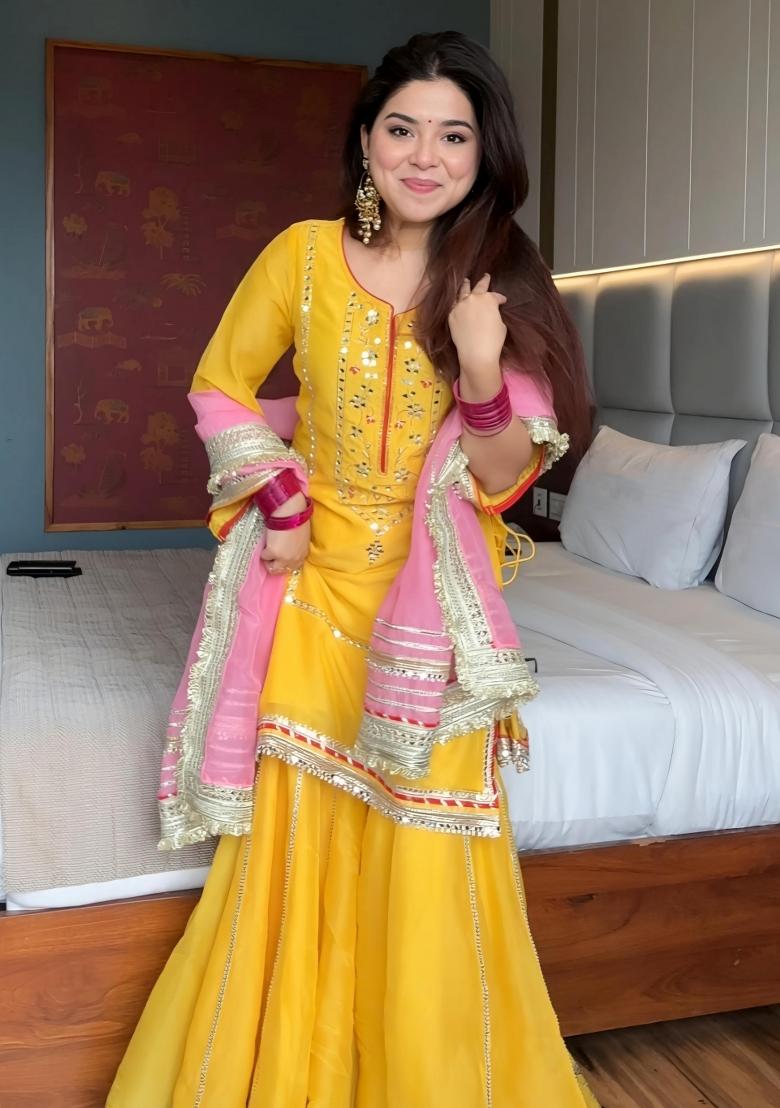 Yellow Embroidery Georgette Sharara Set - Indya